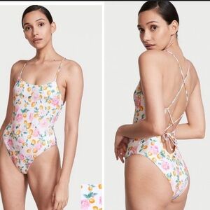 Victoria Secret XL white pink floral lemon strappy back one piece swim suit